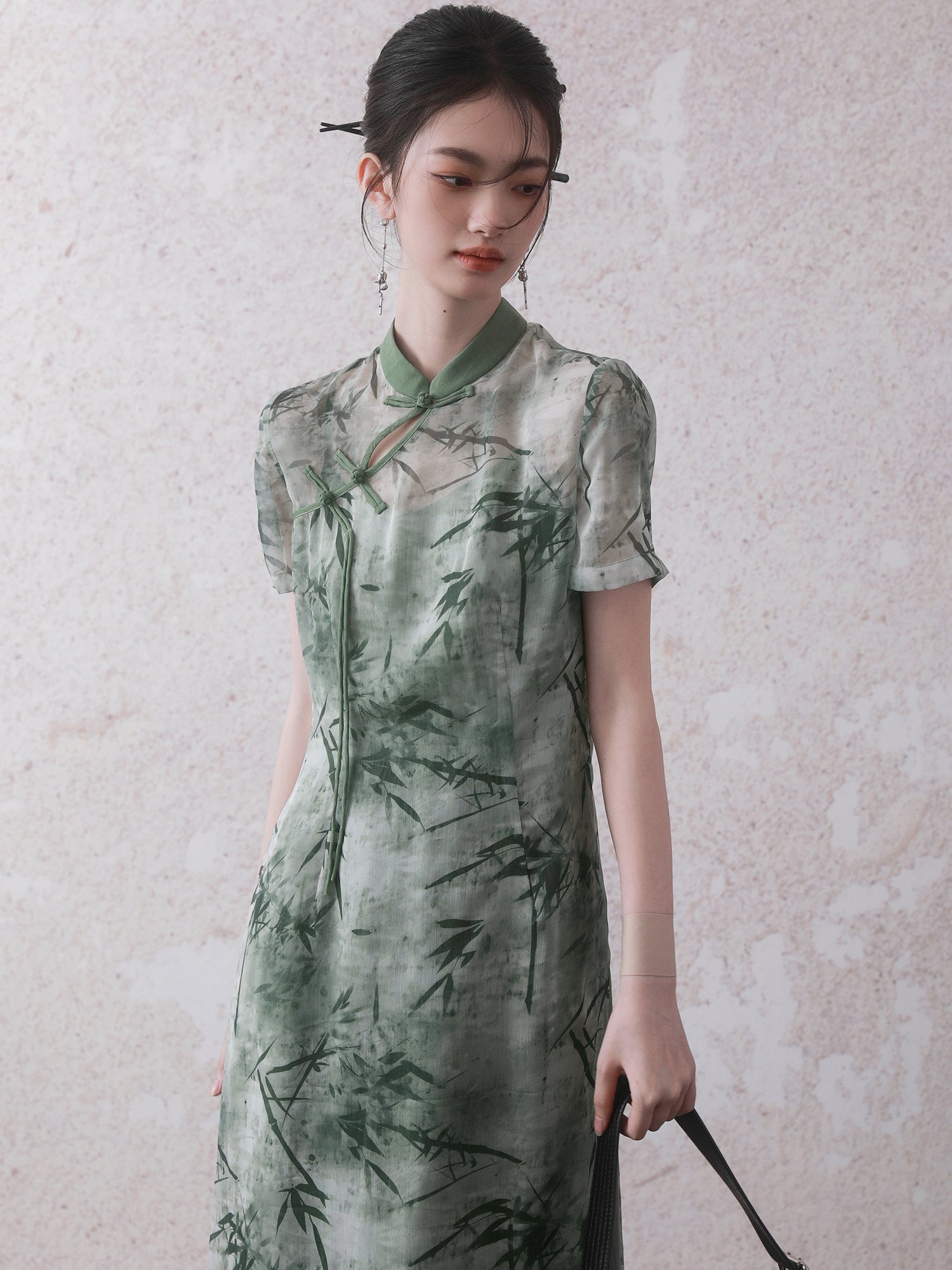 Chinese Style Bamboo Leaf Print Long Shirt ＆ Camisole One-piece Set-up