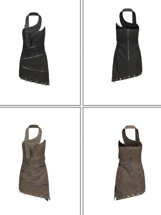 Adjusted Zipper PU Leather Halter-neck Dress