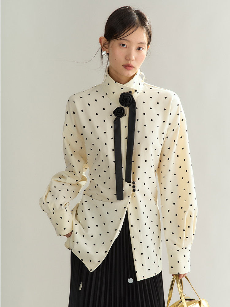 Dot Ciffon Nichi Balloon-Sleeve Chic Blouse＆Skirt