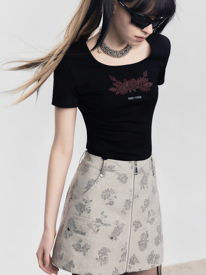 Lace Rose Print Short-Sleeed T-Shirt