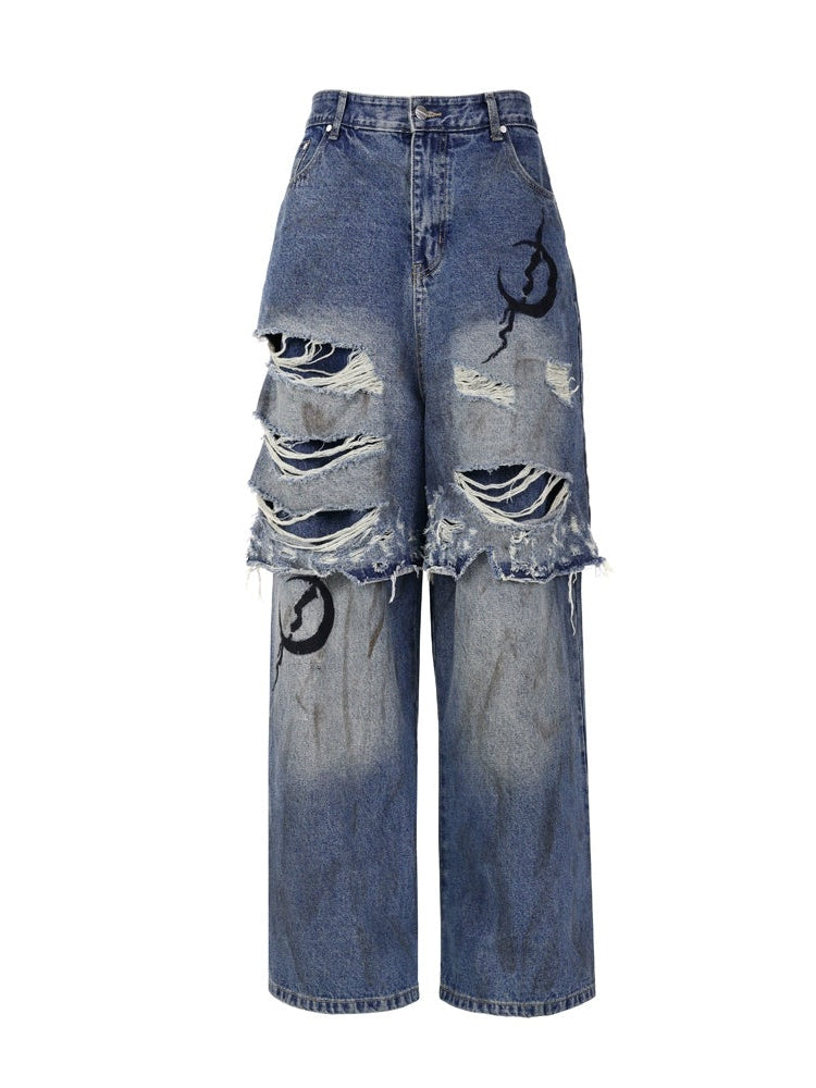 Doppelschicht Super Hole Loose Distressed Jeans