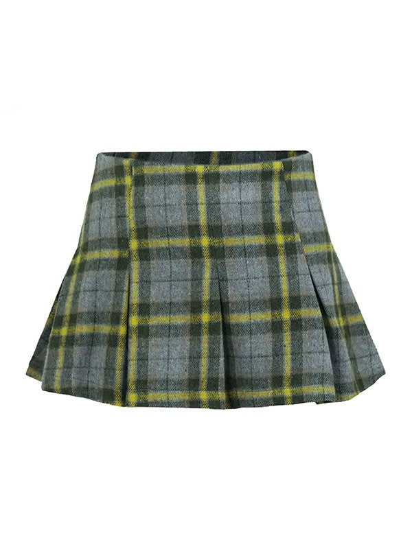 Plaid Short Navy Collar Jacket &amp; Pleated Skirt