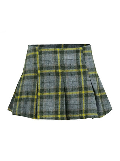 Plaid Short Navy Collar Jacket &amp; Pleated Skirt