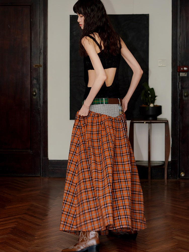 Retro Plaid Stitching Long Skirt With Belt