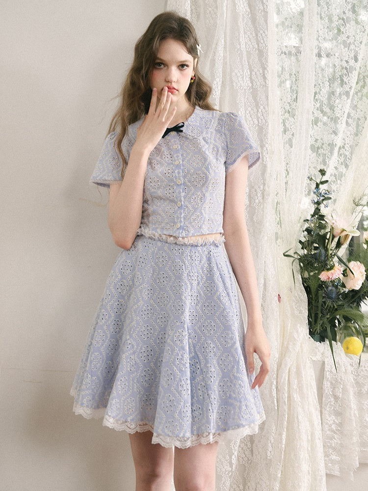 College Style Doll Collar Cutwork Lace Shirt ＆ Flare Skirt