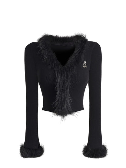 Slim V-neck Furry Knitted Cropped Cardigan