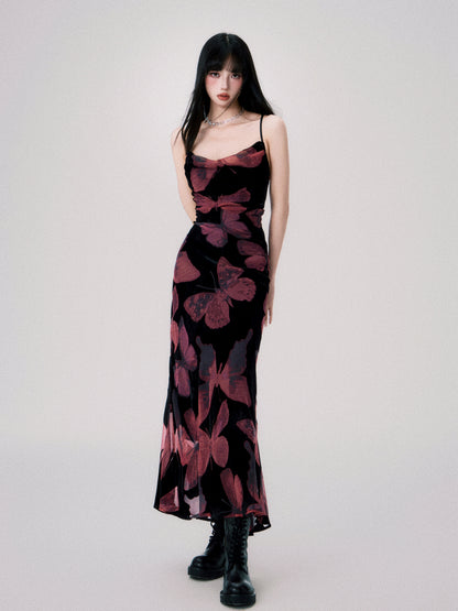 Velvet Butterfly Swing Collar Backless Strap Dress