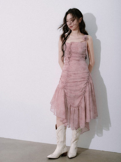 Asymmetric Wrinkled Suspender Dress