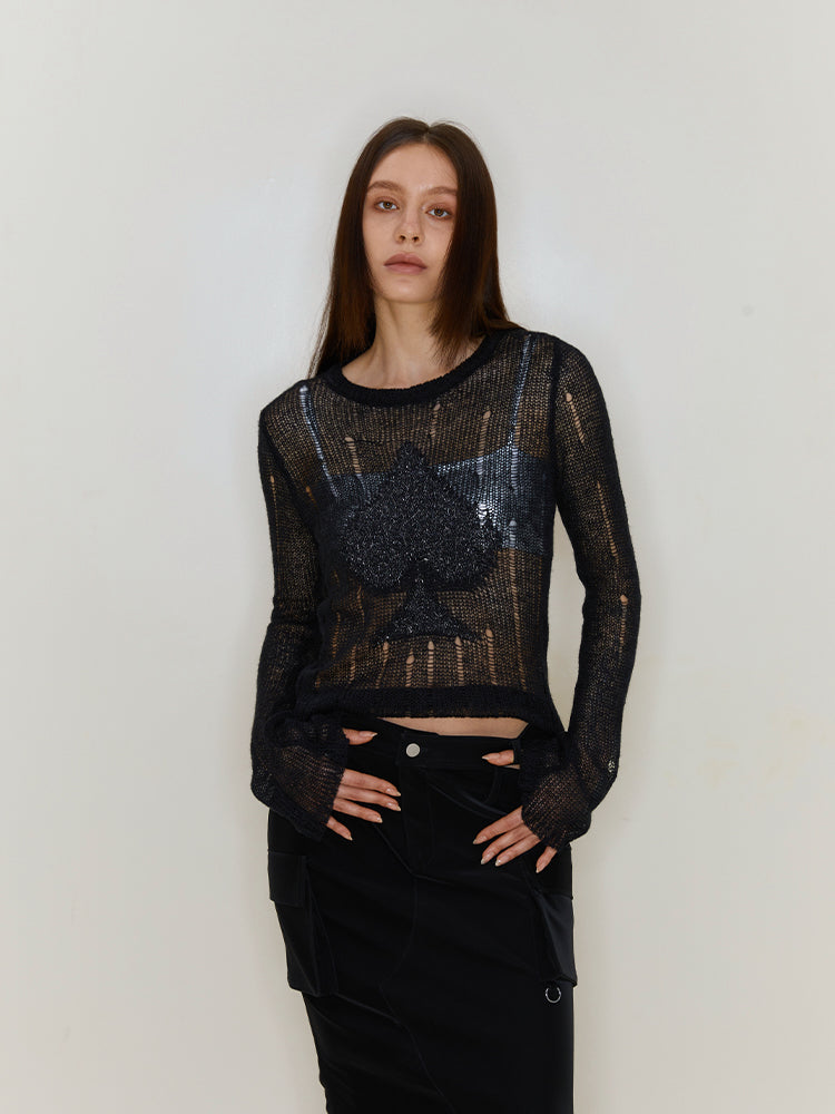 Spade Pattern Embroidered Mohair Sweater