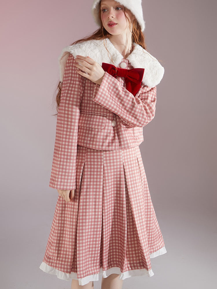 Retro Gingham Plaid Big Collar Jacket ＆ Pleated Skirt