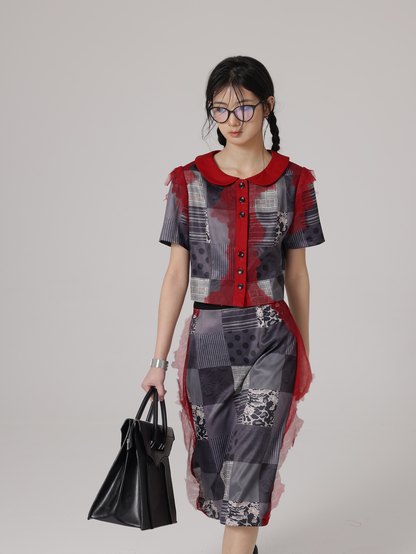 Grid Printing Mesh Stitch Shirt &amp; Skirt