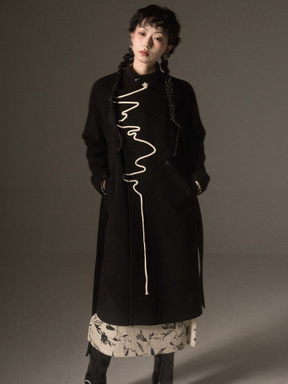 Rope Design Flower Buckle Niche Stand-Collar Coat