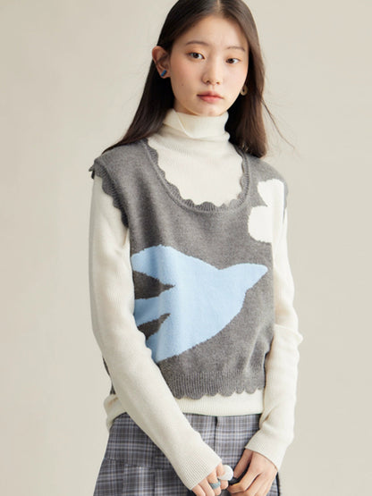 Frill Edge Bird Design Knitted Vest