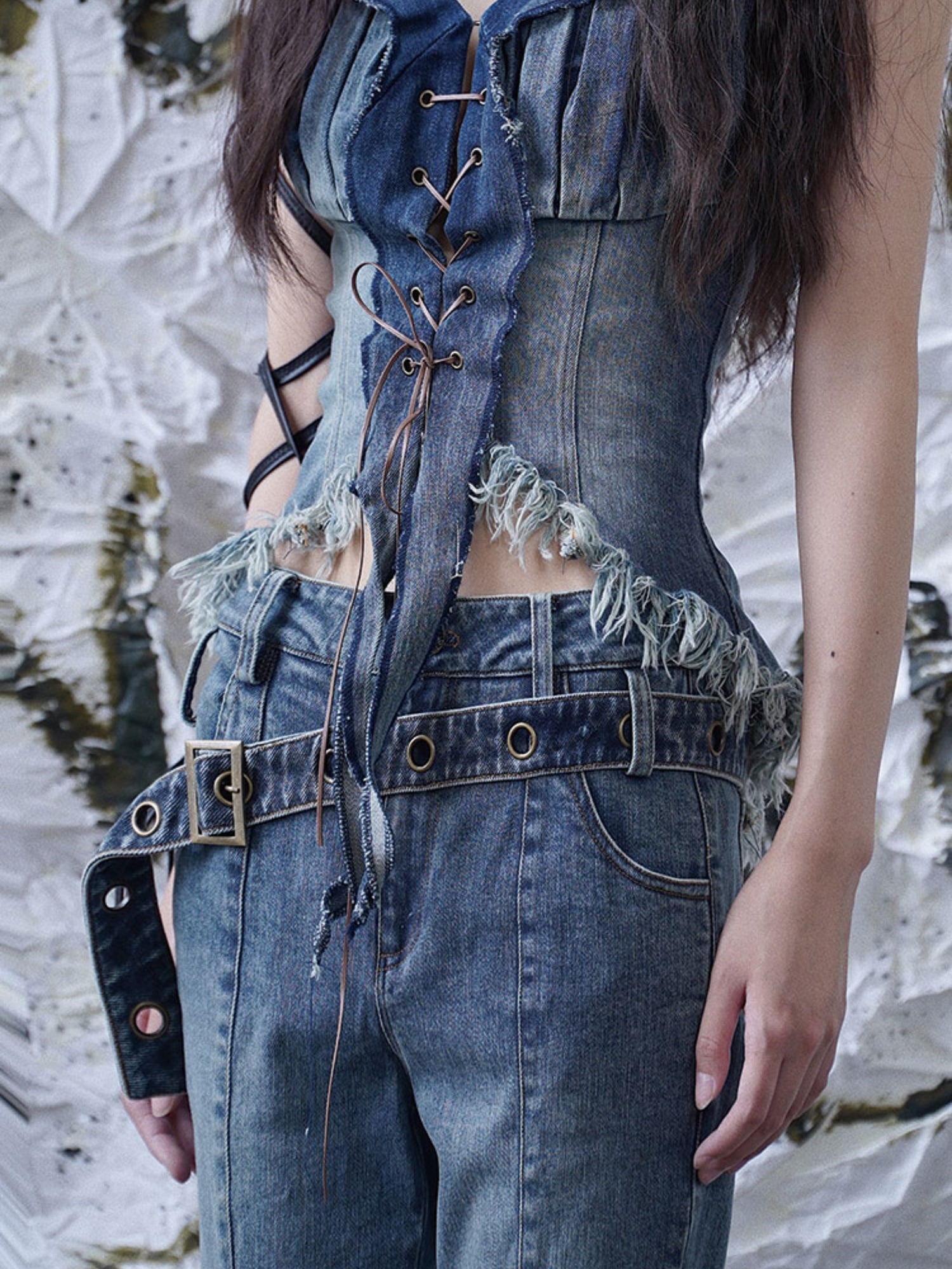 Splicing Lace-Up Flare Jeans