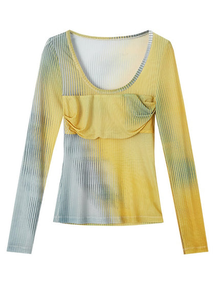 Marble Color U-neck Long-sleeved T-shirt