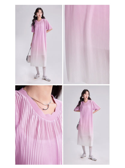 Gradient Pleated Loose Straight One-piece