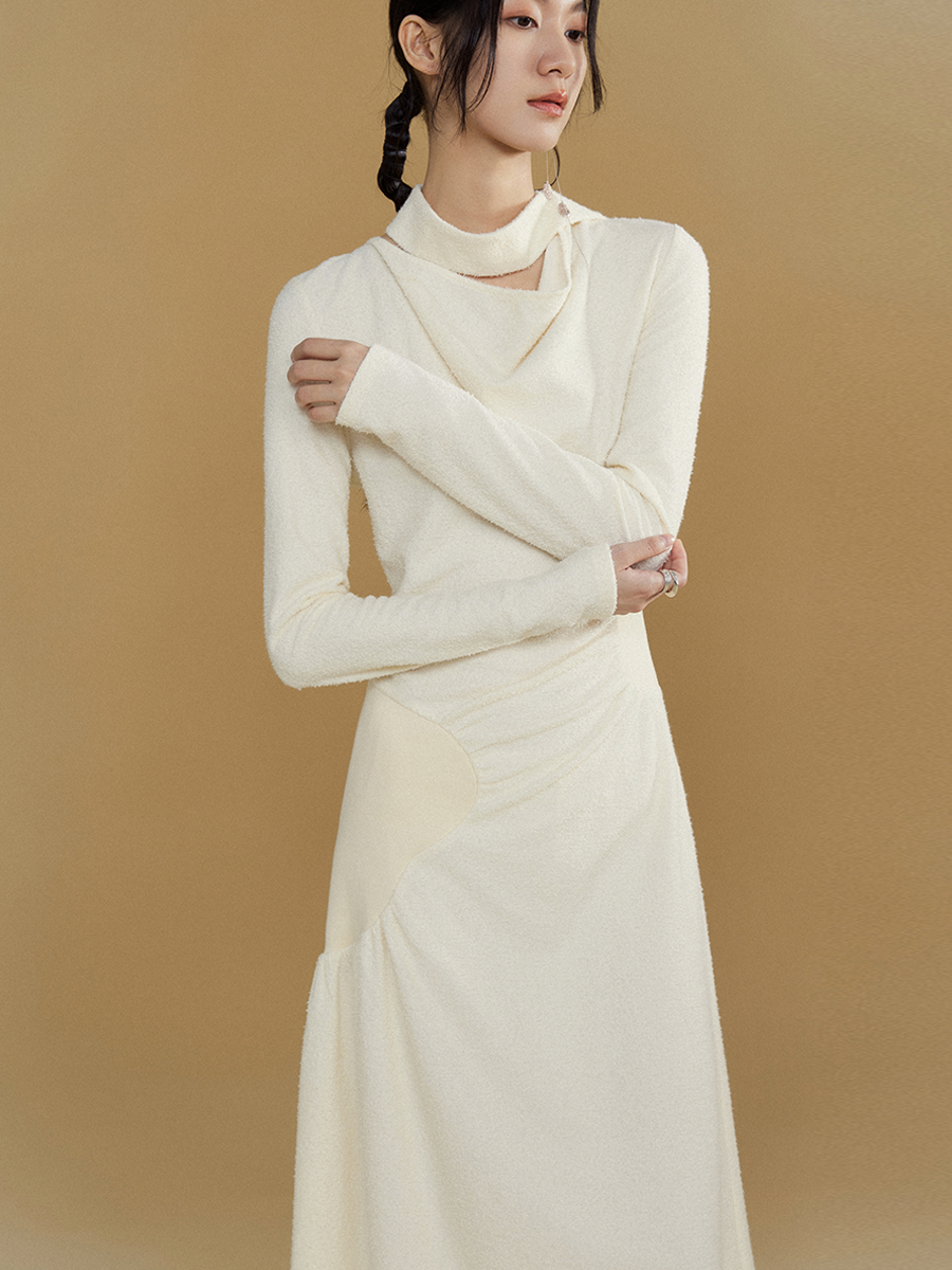 Gathered Spliced Swing Collar Dress