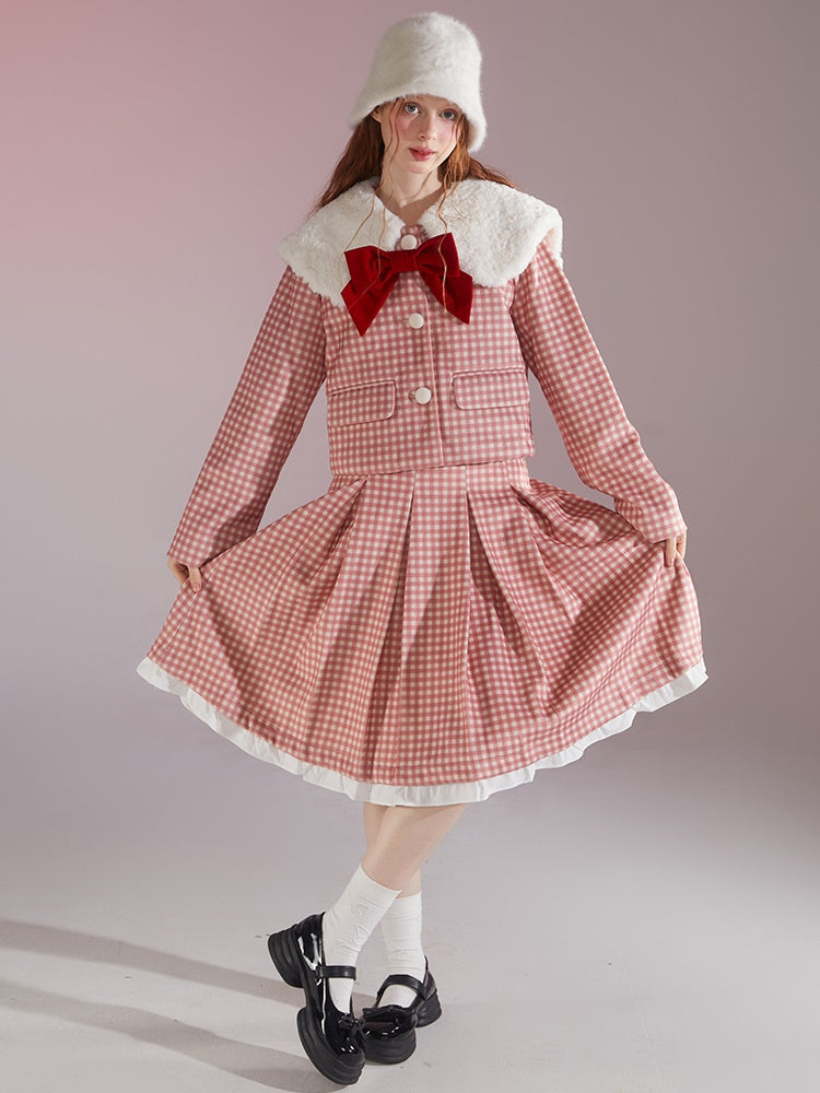 Retro Gingham Plaid Big Collar Jacket ＆ Pleated Skirt