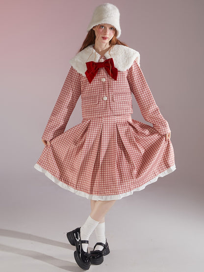 Retro Gingham Plaid Big Collar Jacket ＆ Pleated Skirt