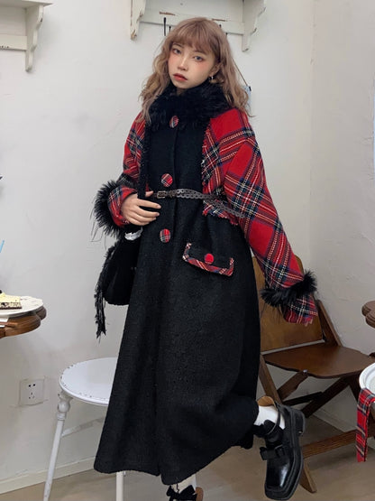 Retro Plaid Switching Long Coat