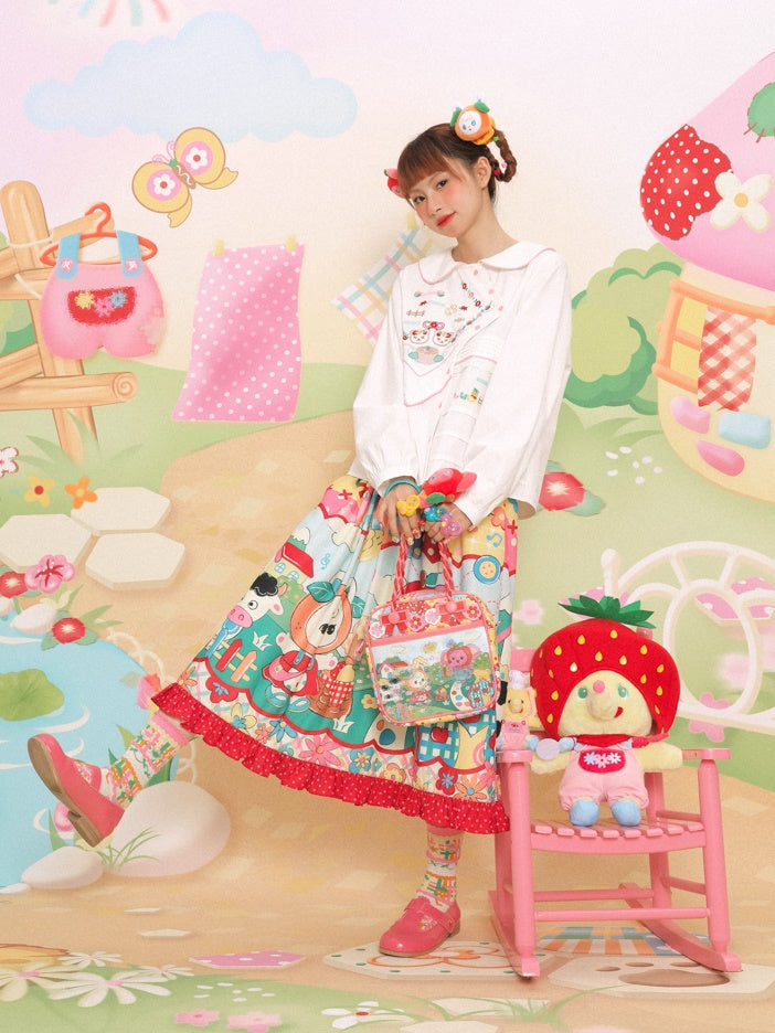 Cartoon Printed Splicing Lace Gather Skirt