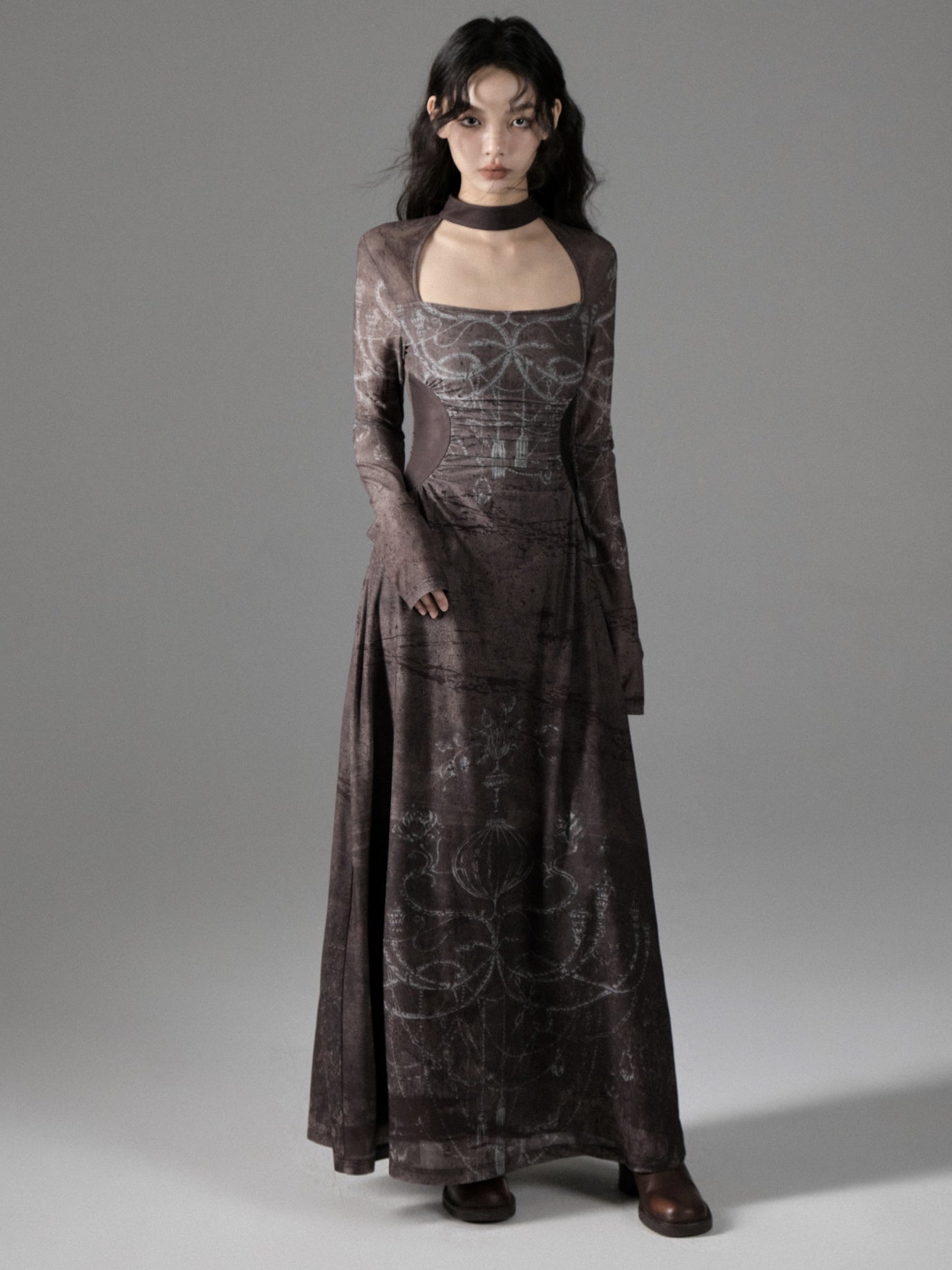 Choker-Neck Long Sleeve Printed Long Dress