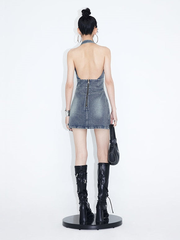 Halter Neck Denim Suspender Skirt