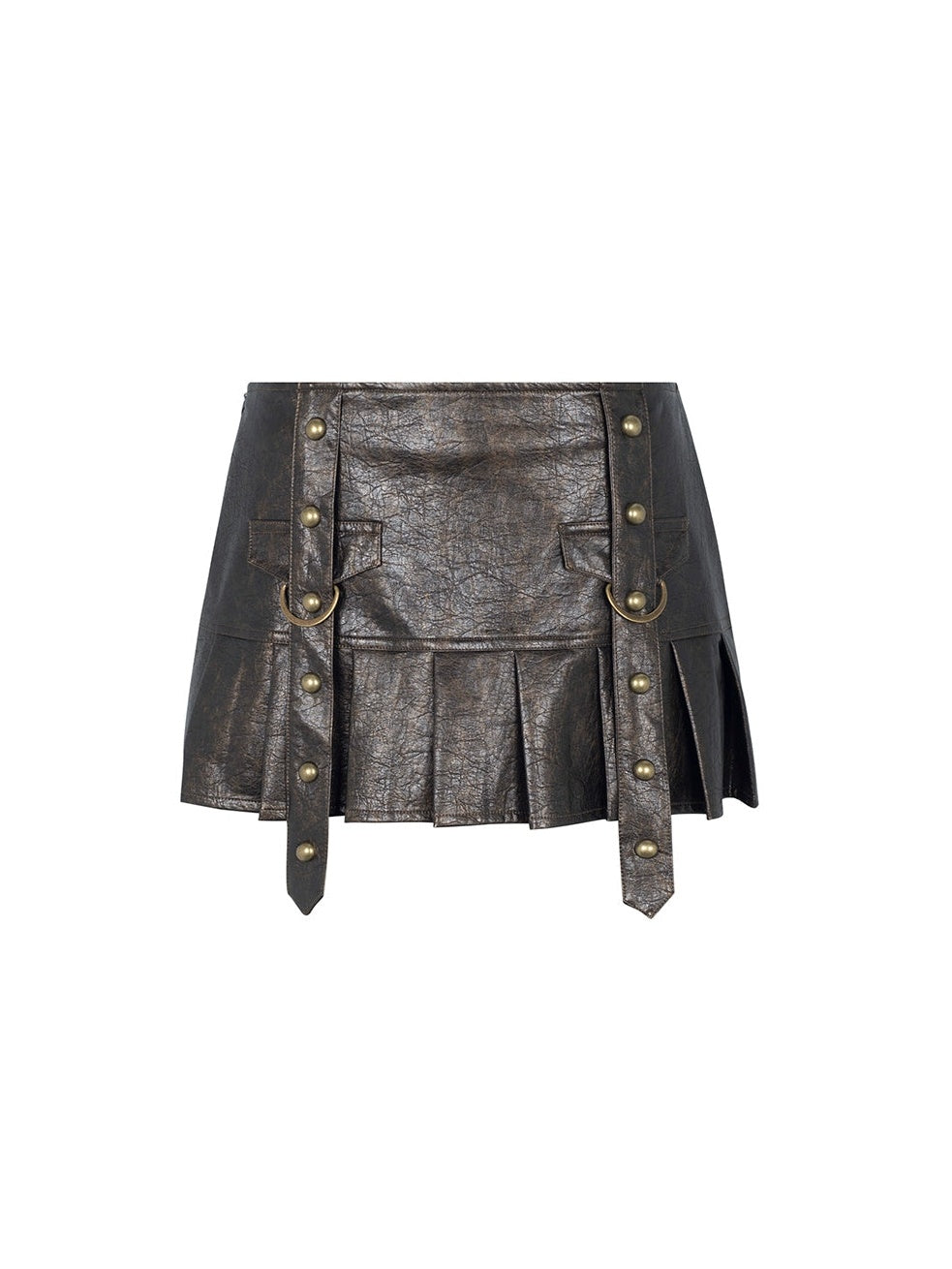 Washed Leather Distressed Rivet Pleated Skirt