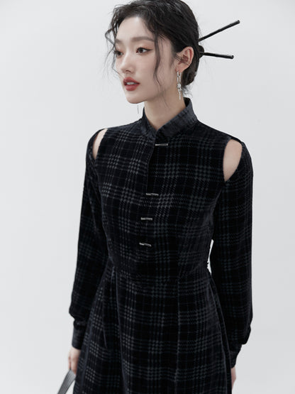 Chinese Style Houndstooth Velvet Stand Collar Dress