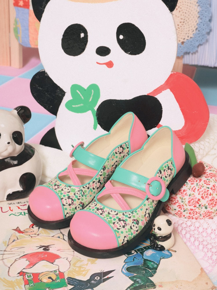 Contrast Panda Printed Leather Strap Shoes