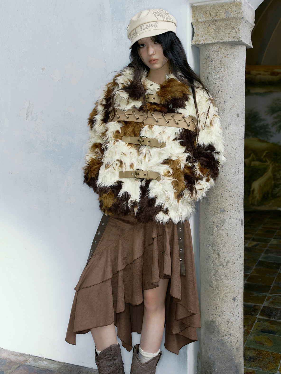 Color-blocked Strap Design Short Fur Coat