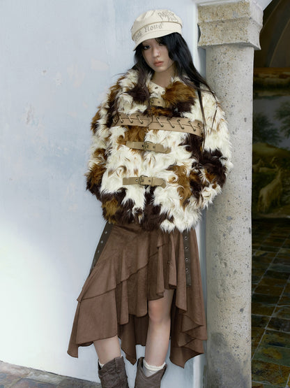 Color-blocked Strap Design Short Fur Coat