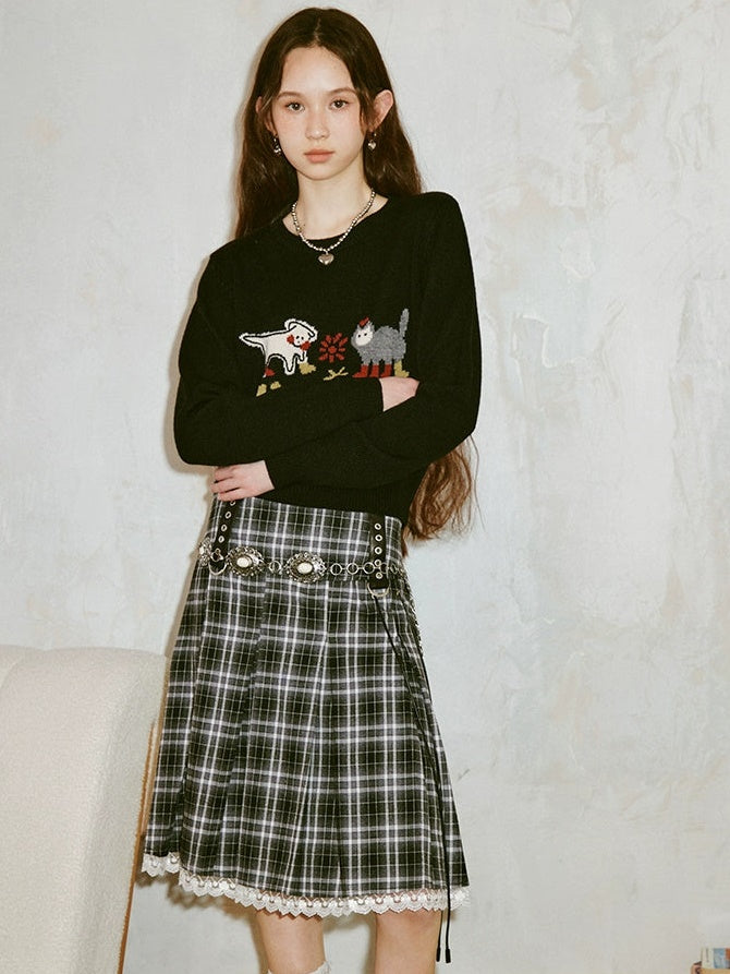 Lace Spliced Plaid A-Line Pleated Skirt