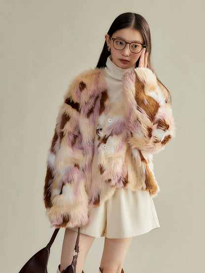 Contrast Color Eco-friendly Fur Short Furry Coat