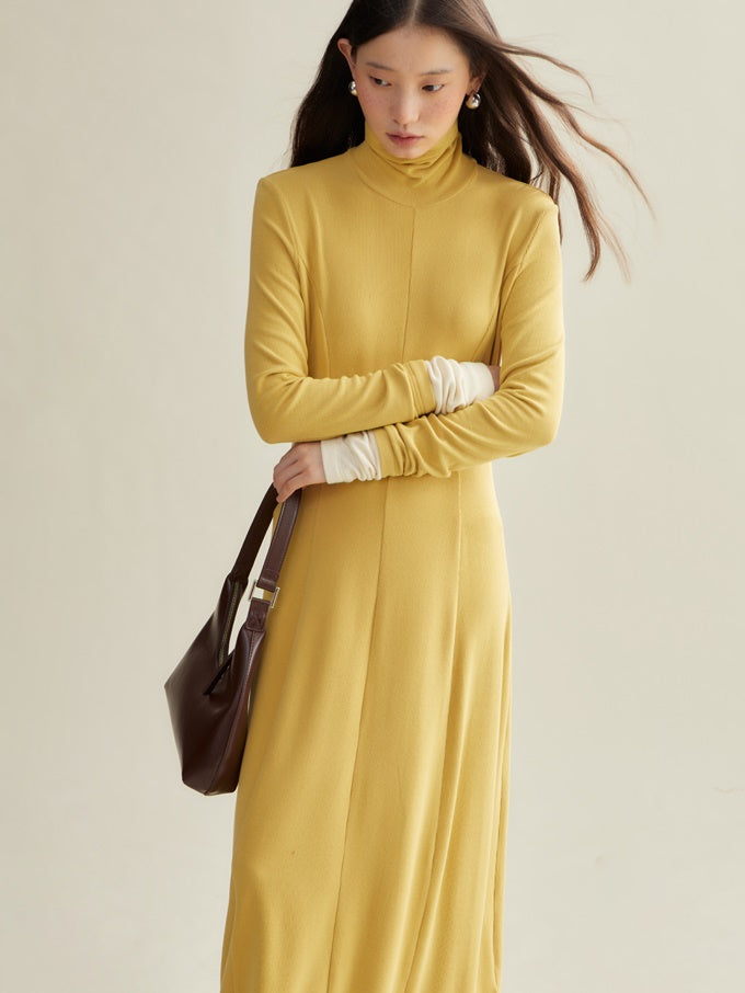 Color-blocked High Collar Knitted Long One-piece