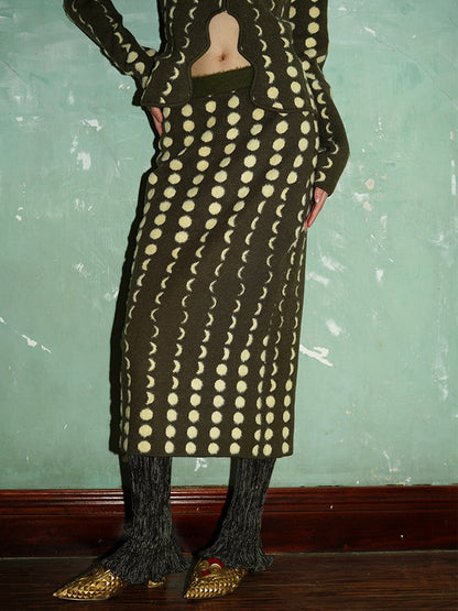 Polka Dot Contrast Knitted Sweater Jacket ＆ Skirt