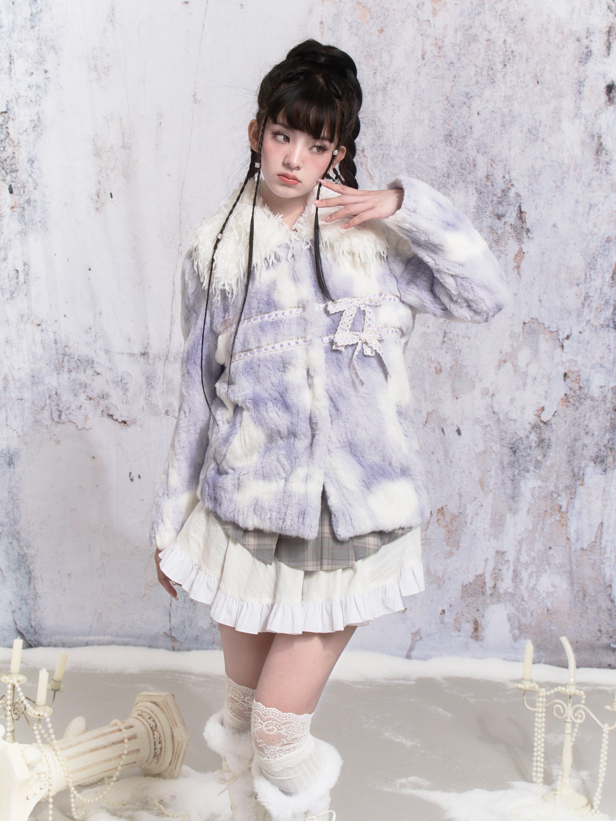 Ribbon Tie-dye Stitching Fur Jacket