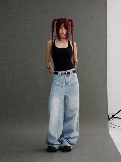 Unisex Faded Wide-Leg Simple Denim Pants