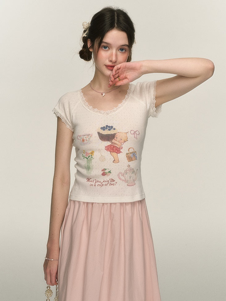 Afternoon Tea Print Sweet Slim Fit T-shirt