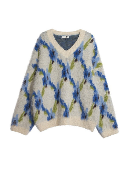 Retro V-Neck Ovreszie Flower Leaf Mohair-Kni