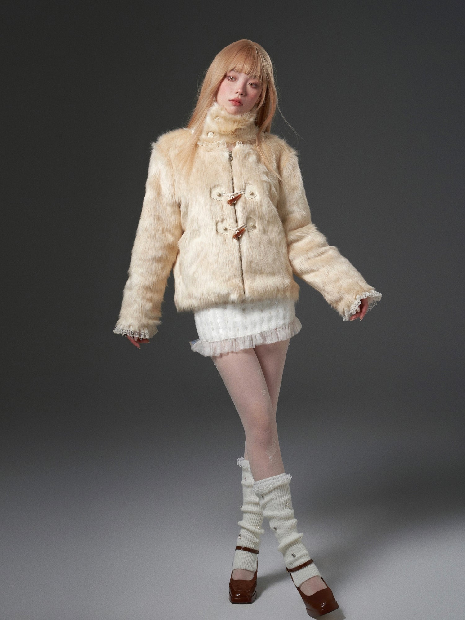 Gradient Lace Spliced Horn Button Detachable Fur Jacket