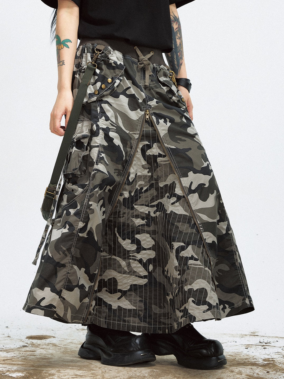 Camouflage Zipper Slit Work Maxi Skirt