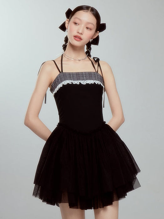 Grid Stitch Lace Embroidered Suspender Dress