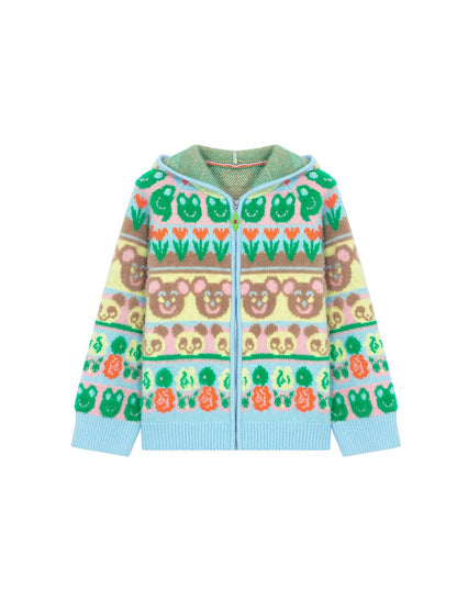 Colorful Border Knitted Hooded Zipper Cardigan