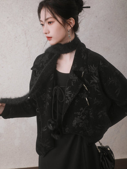 Bamboo Leaf Embossed Oblique Lapel Short Jacket