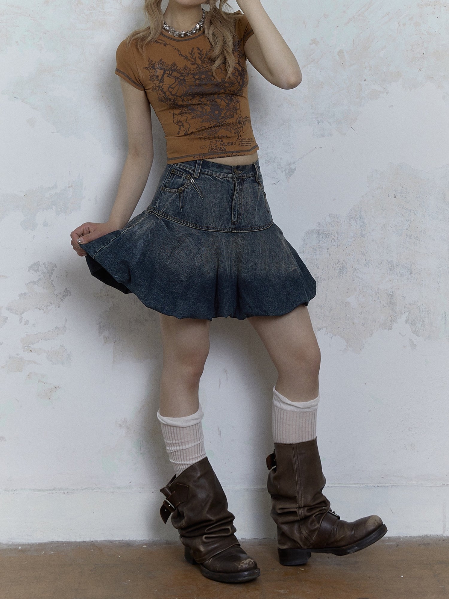 Retro Old Bud Fluffy A-line Denim Skirt