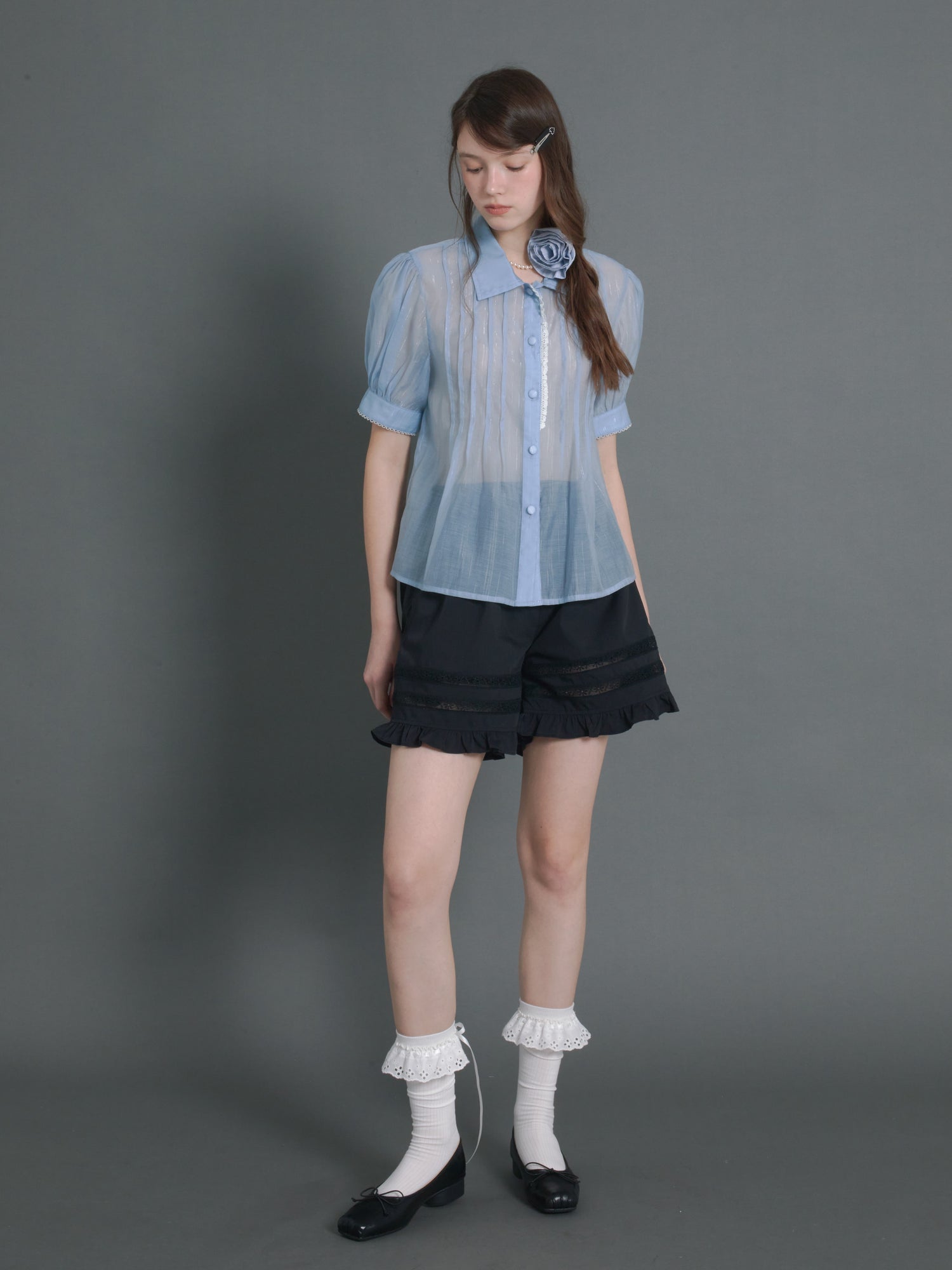 Pin Tuck Puff Sleeve Sheer Blue Shirt