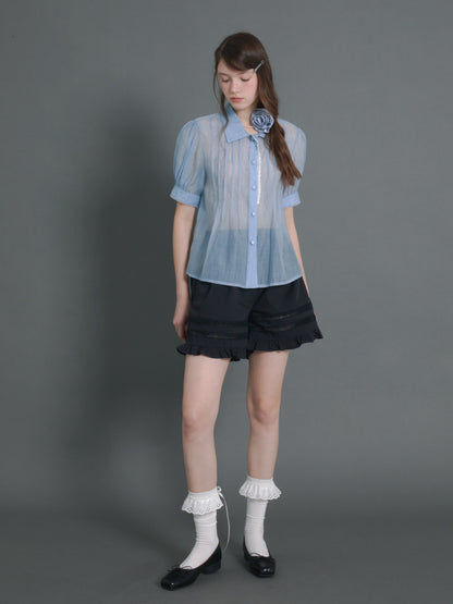 Pin Tuck Puff Sleeve Sheer Blue Shirt