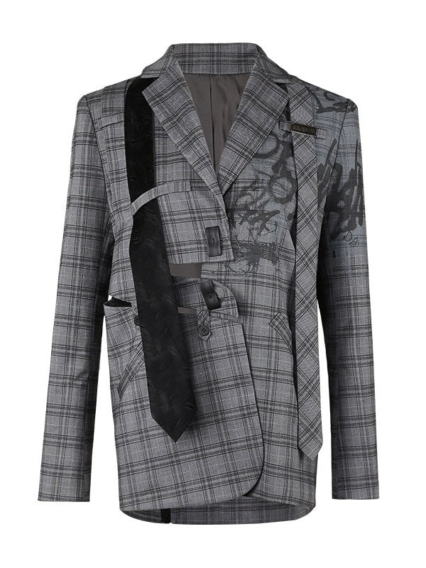 Graffiti Printed Plaid Loose Jacket & Pleated Culottes & Vest