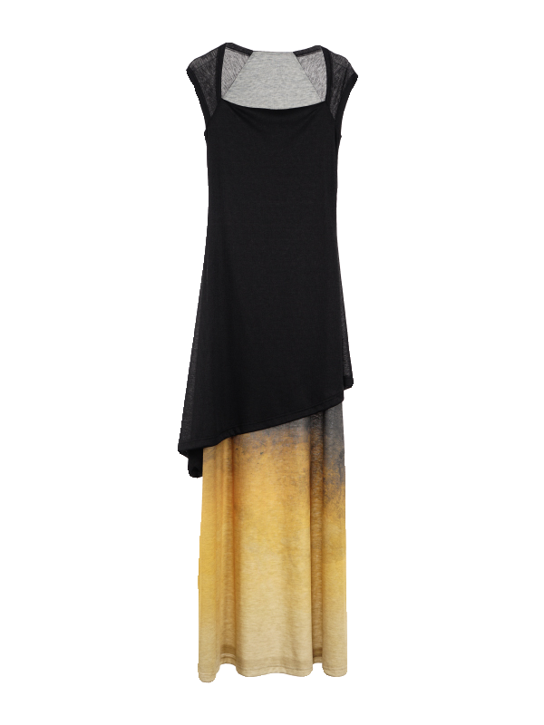 Gradient Printed Square Neck Layered Long Dress